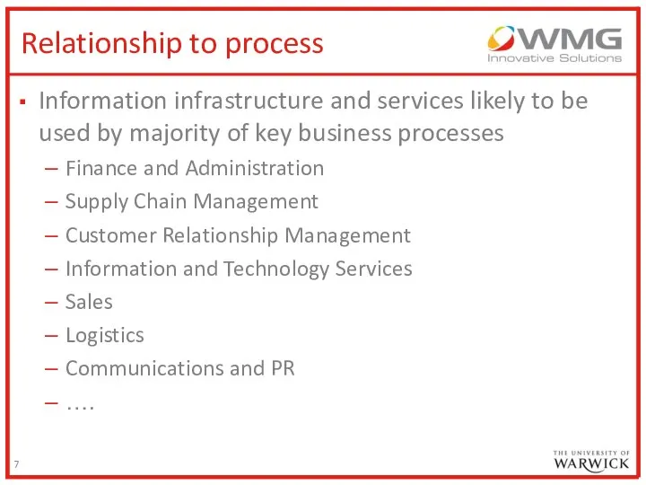 Relationship to process Information infrastructure and services likely to be used