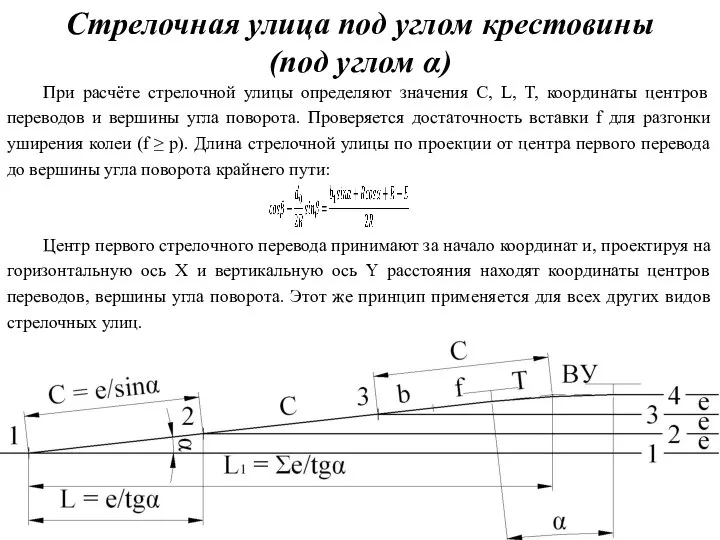 Стрелочная улица под углом крестовины (под углом α) При расчёте стрелочной