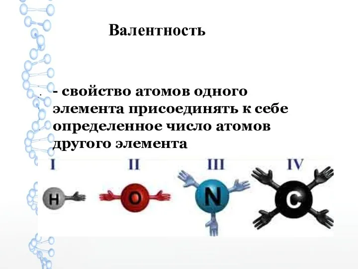 Валентность - свойство атомов одного элемента присоединять к себе определенное число атомов другого элемента