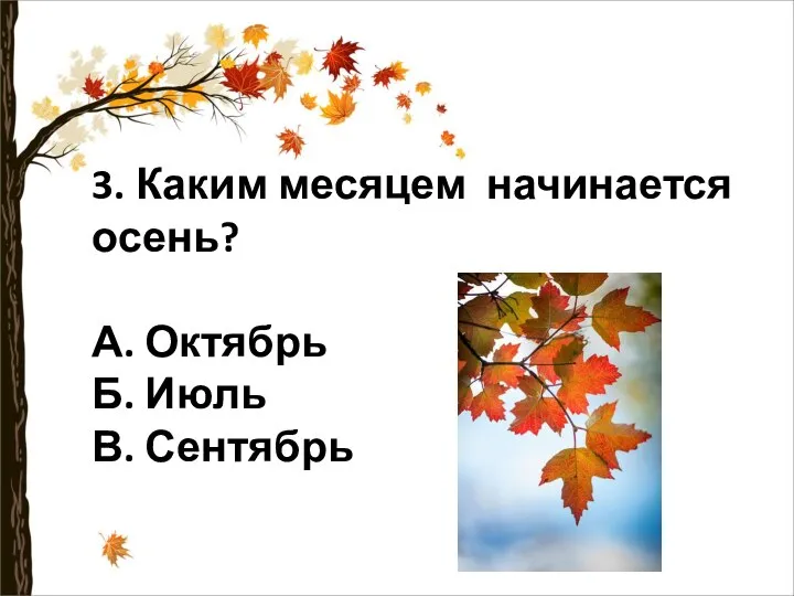 3. Каким месяцем начинается осень? А. Октябрь Б. Июль В. Сентябрь