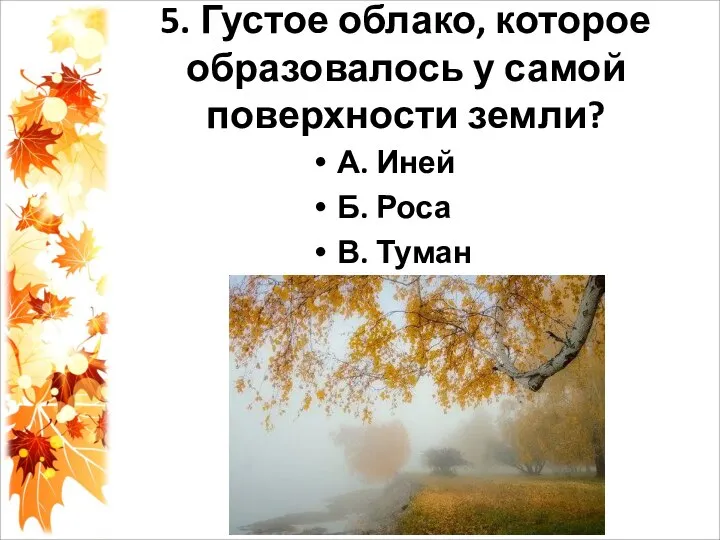 5. Густое облако, которое образовалось у самой поверхности земли? А. Иней Б. Роса В. Туман