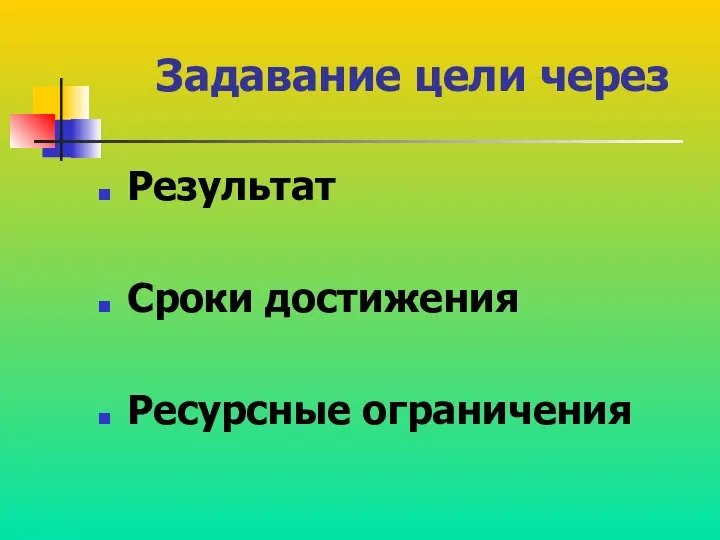 Задавание цели через Результат Сроки достижения Ресурсные ограничения