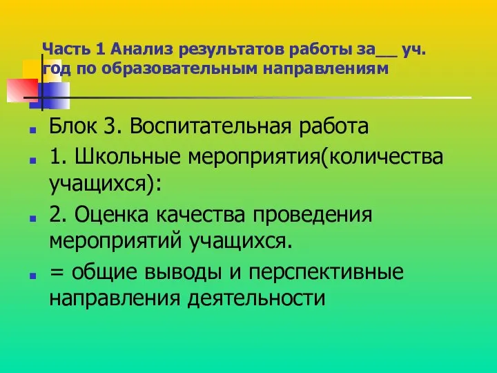 Часть 1 Анализ результатов работы за__ уч.год по образовательным направлениям Блок