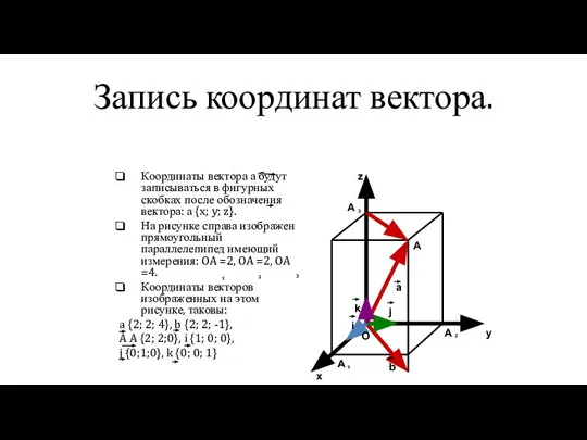 Запись координат вектора. Координаты вектора а будут записываться в фигурных скобках