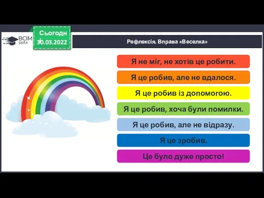 30.03.2022 Сьогодні Рефлексія. Вправа «Веселка» Я не міг, не хотів це