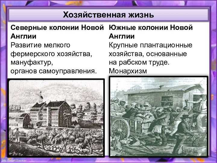 Северные колонии Новой Англии Развитие мелкого фермерского хозяйства, мануфактур, органов самоуправления.