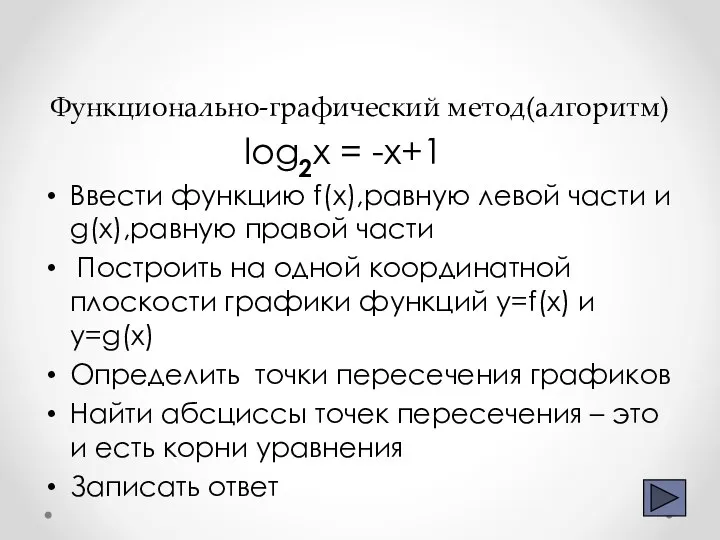 Функционально-графический метод(алгоритм) log2x = -x+1 Ввести функцию f(x),равную левой части и