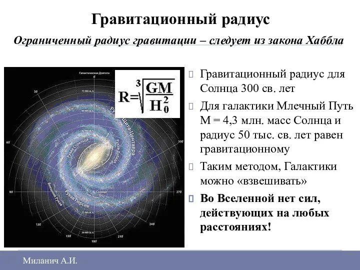 Гравитационный радиус Ограниченный радиус гравитации – следует из закона Хаббла Миланич
