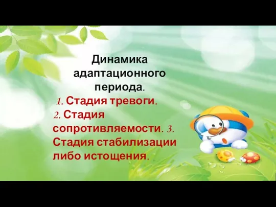 Динамика адаптационного периода. 1. Стадия тревоги. 2. Стадия сопротивляемости. 3. Стадия стабилизации либо истощения.