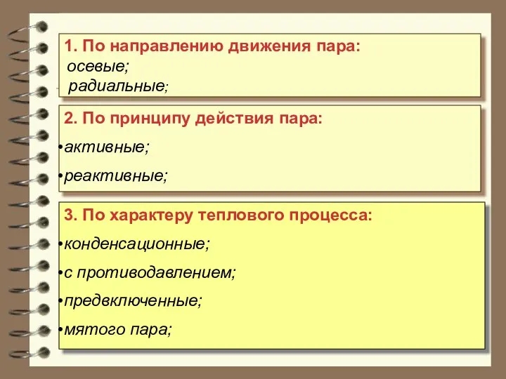 2. По принципу действия пара: активные; реактивные; 3. По характеру теплового