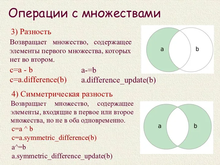 Операции с множествами с=a - b c=a.difference(b) 3) Разность Возвращает множество,