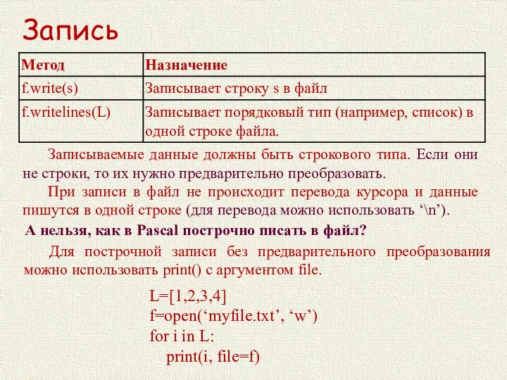 Запись А нельзя, как в Pascal построчно писать в файл? L=[1,2,3,4]