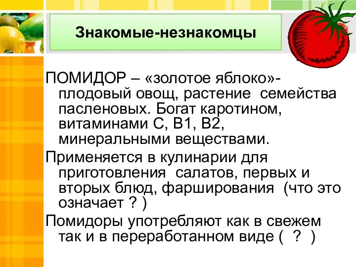 Знакомые-незнакомцы ПОМИДОР – «золотое яблоко»- плодовый овощ, растение семейства пасленовых. Богат