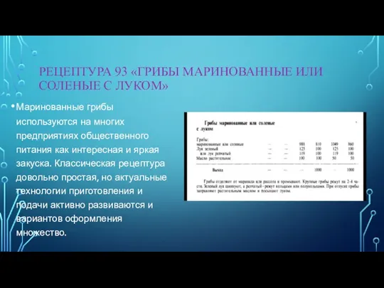 РЕЦЕПТУРА 93 «ГРИБЫ МАРИНОВАННЫЕ ИЛИ СОЛЕНЫЕ С ЛУКОМ» Маринованные грибы используются