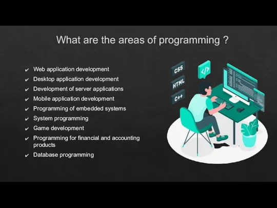 What are the areas of programming ? Web application development Desktop