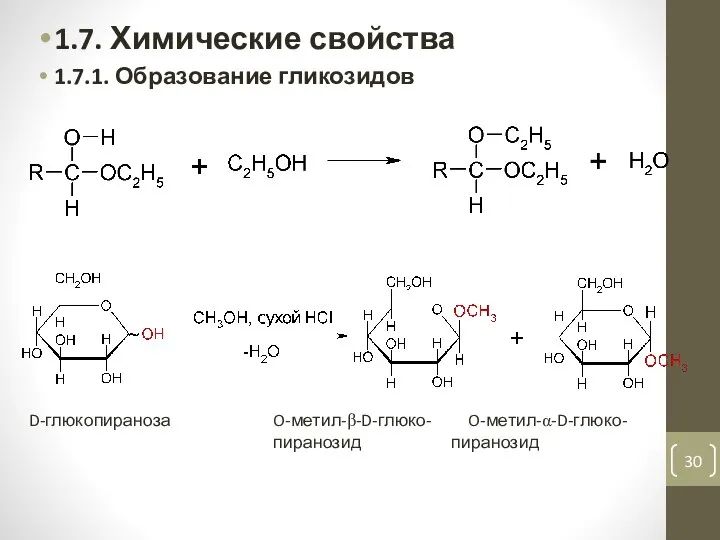 1.7. Химические свойства 1.7.1. Образование гликозидов D-глюкопираноза O-метил-β-D-глюко- O-метил-α-D-глюко- пиранозид пиранозид