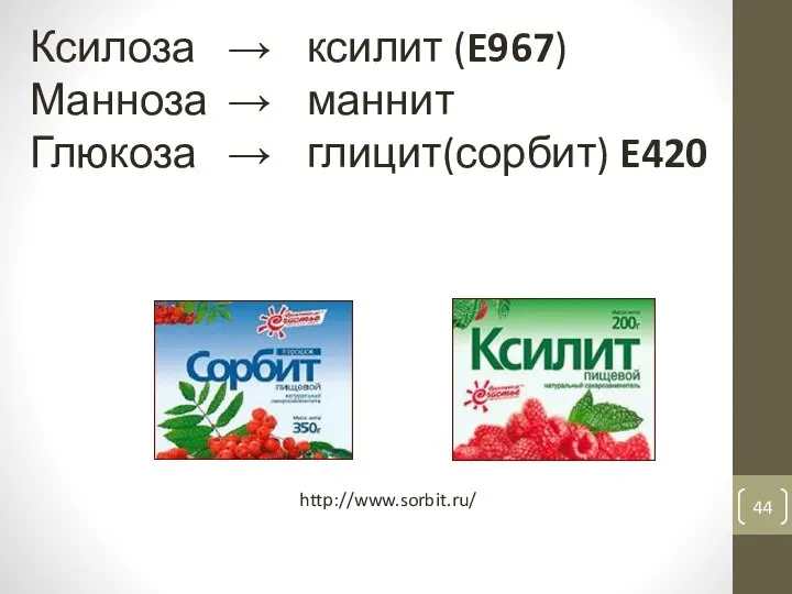 Ксилоза → ксилит (E967) Манноза → маннит Глюкоза → глицит(сорбит) E420 http://www.sorbit.ru/