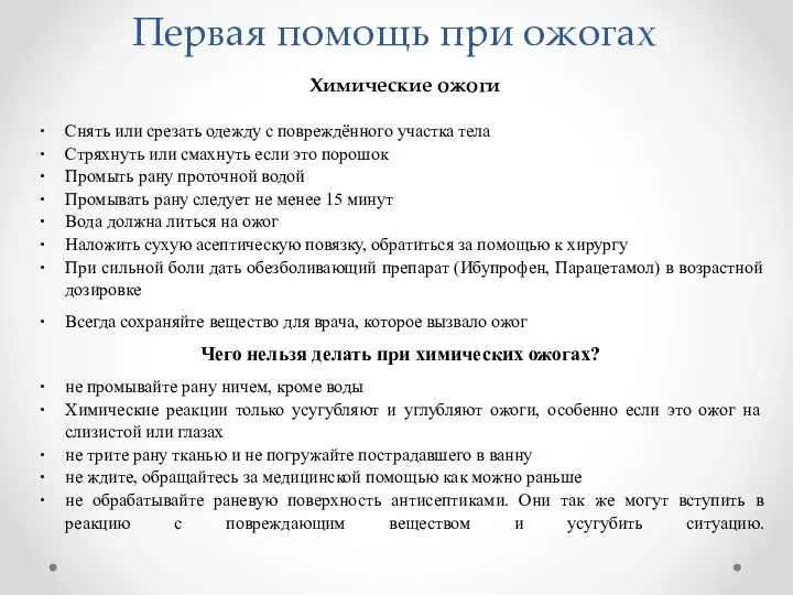 Химические ожоги Снять или срезать одежду с повреждённого участка тела Стряхнуть