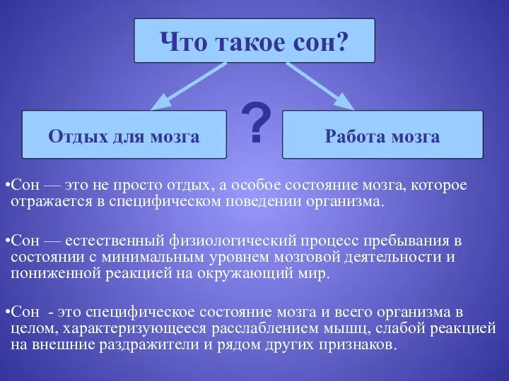 Что такое сон? Отдых для мозга Работа мозга Сон — это