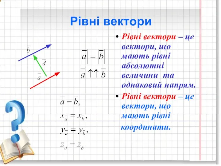 Рівні вектори Рівні вектори – це вектори, що мають рівні абсолютні