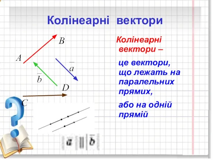 Колінеарні вектори – це вектори, що лежать на паралельних прямих, або на одній прямій Колінеарні вектори