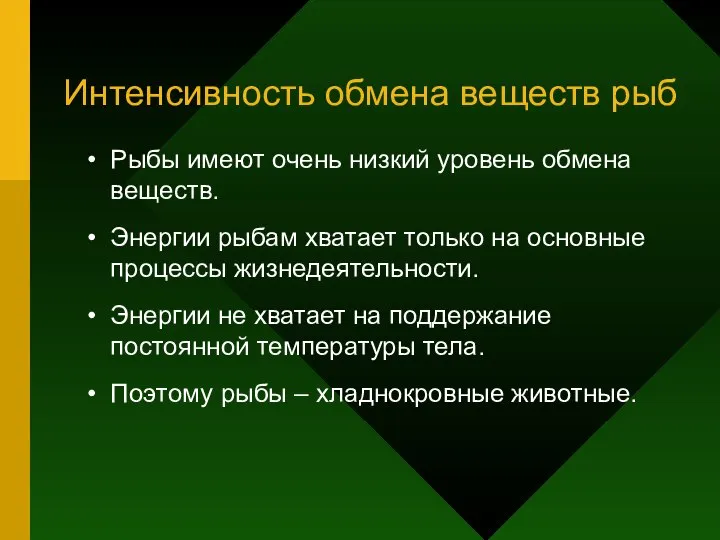 Интенсивность обмена веществ рыб Рыбы имеют очень низкий уровень обмена веществ.