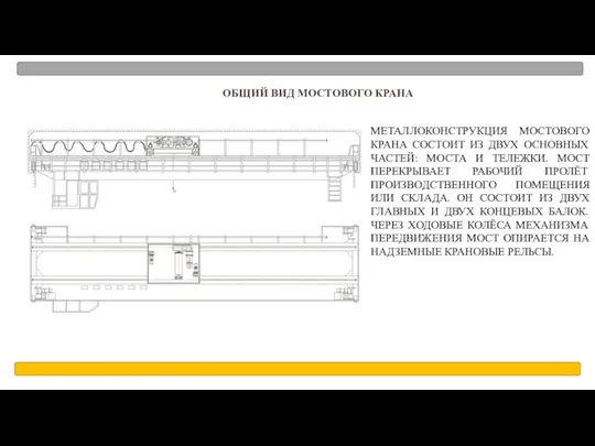 ОБЩИЙ ВИД МОСТОВОГО КРАНА МЕТАЛЛОКОНСТРУКЦИЯ МОСТОВОГО КРАНА СОСТОИТ ИЗ ДВУХ ОСНОВНЫХ