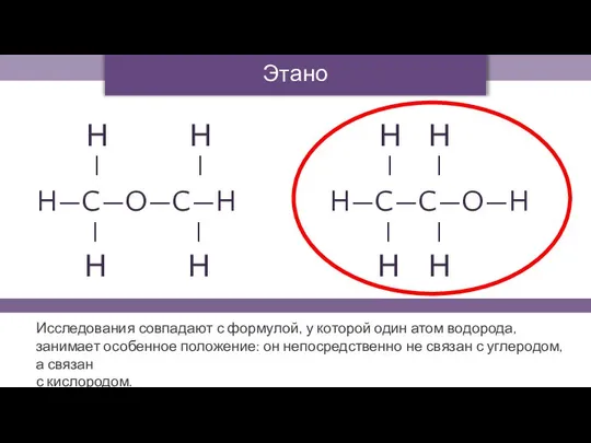 Этанол Исследования совпадают с формулой, у которой один атом водорода, занимает