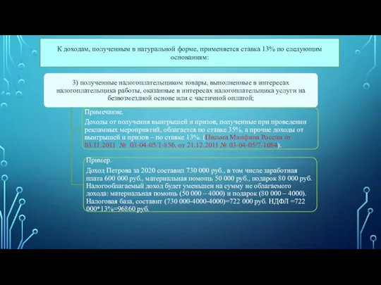 К доходам, полученным в натуральной форме, применяется ставка 13% по следующим основаниям: