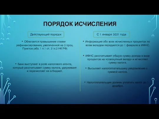 ПОРЯДОК ИСЧИСЛЕНИЯ Облагается превышение ставки рефинансирования, увеличенной на 5 проц. Пунктов