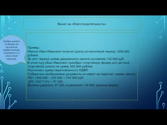 Вычет на «благотворительность» Сумма вычета не более 25 процентов суммы дохода,