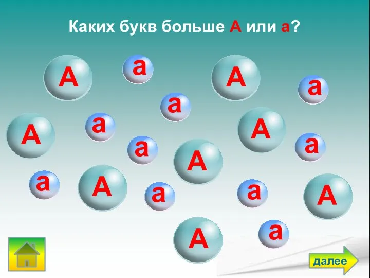 Каких букв больше А или а? далее