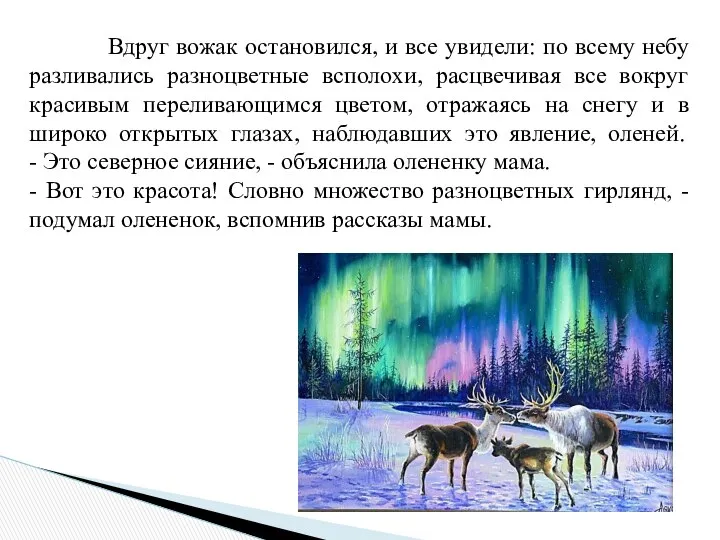 Вдруг вожак остановился, и все увидели: по всему небу разливались разноцветные