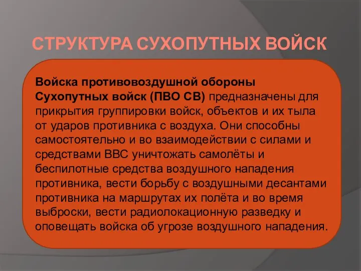 СТРУКТУРА СУХОПУТНЫХ ВОЙСК Войска противовоздушной обороны Сухопутных войск (ПВО СВ) предназначены