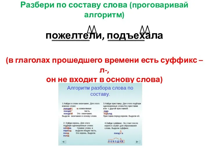 Разбери по составу слова (проговаривай алгоритм) пожелтели, подъехала (в глаголах прошедшего