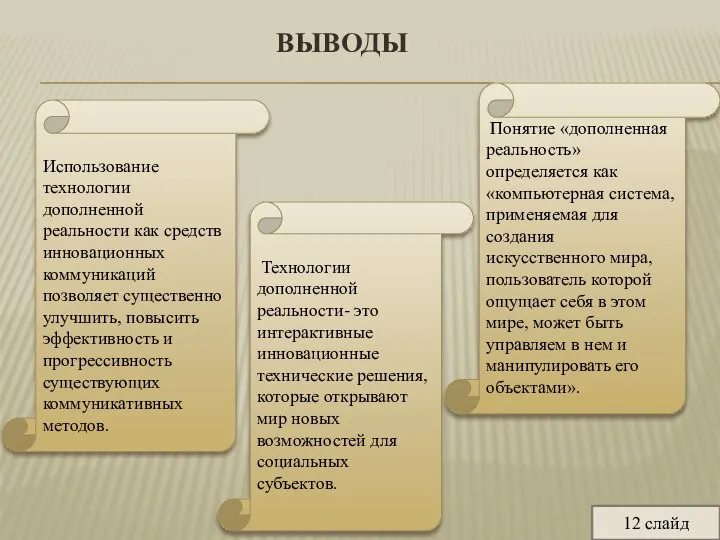 ВЫВОДЫ Использование технологии дополненной реальности как средств инновационных коммуникаций позволяет существенно