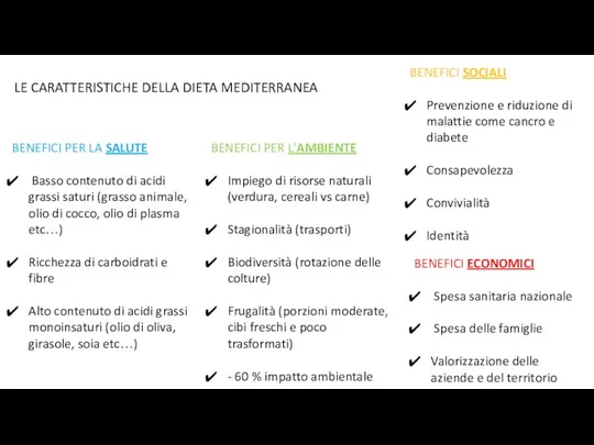 LE CARATTERISTICHE DELLA DIETA MEDITERRANEA BENEFICI PER LA SALUTE Basso contenuto