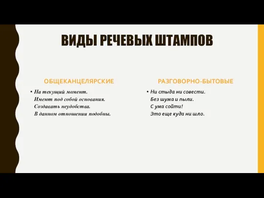 ВИДЫ РЕЧЕВЫХ ШТАМПОВ ОБЩЕКАНЦЕЛЯРСКИЕ На текущий момент. Имеют под собой основания.