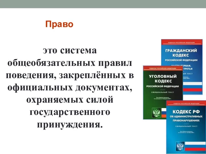 это система общеобязательных правил поведения, закреплённых в официальных документах, охраняемых силой государственного принуждения. Право