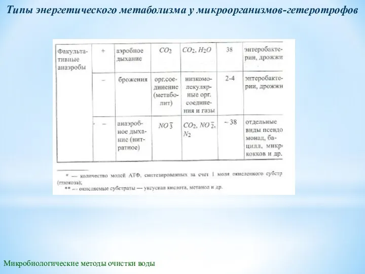 Микробиологические методы очистки воды Типы энергетического метаболизма у микроорганизмов-гетеротрофов