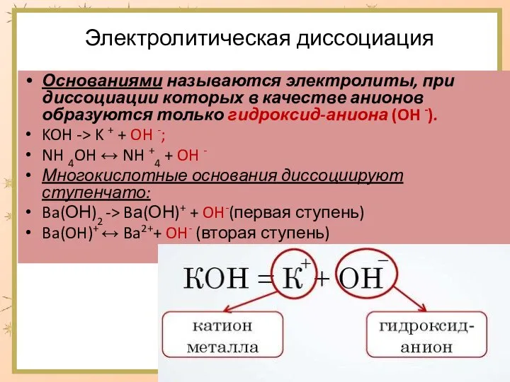 Электролитическая диссоциация Основаниями называются электролиты, при диссоциации которых в качестве анионов