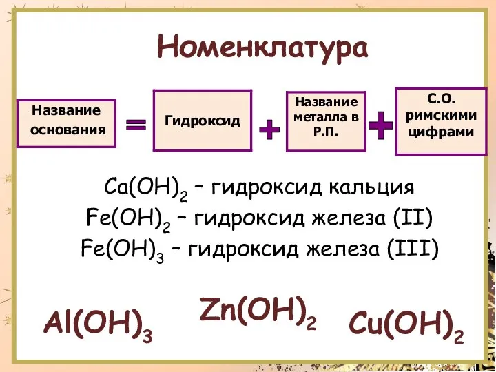 Номенклатура Ca(OH)2 – гидроксид кальция Fe(OH)2 – гидроксид железа (II) Fe(OH)3