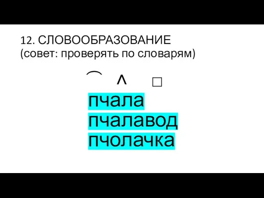 12. СЛОВООБРАЗОВАНИЕ (совет: проверять по словарям) ͡ ˄ □ пчала пчалавод пчолачка