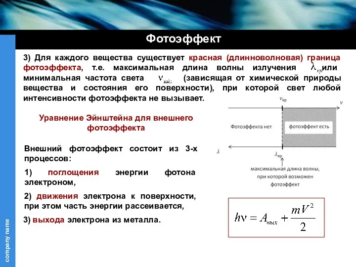 Фотоэффект 3) Для каждого вещества существует красная (длинноволновая) граница фотоэффекта, т.е.