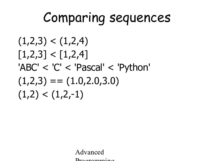 Advanced Programming Spring 2002 Comparing sequences (1,2,3) [1,2,3] 'ABC' (1,2,3) == (1.0,2.0,3.0) (1,2)