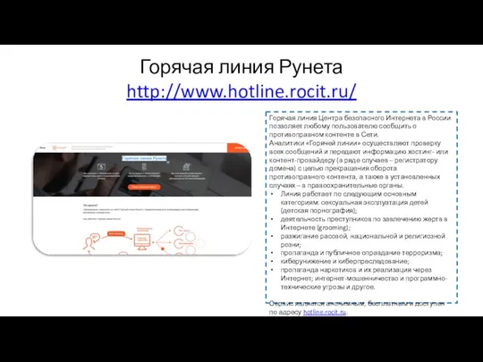 Горячая линия Рунета http://www.hotline.rocit.ru/ Горячая линия Центра безопасного Интернета в России