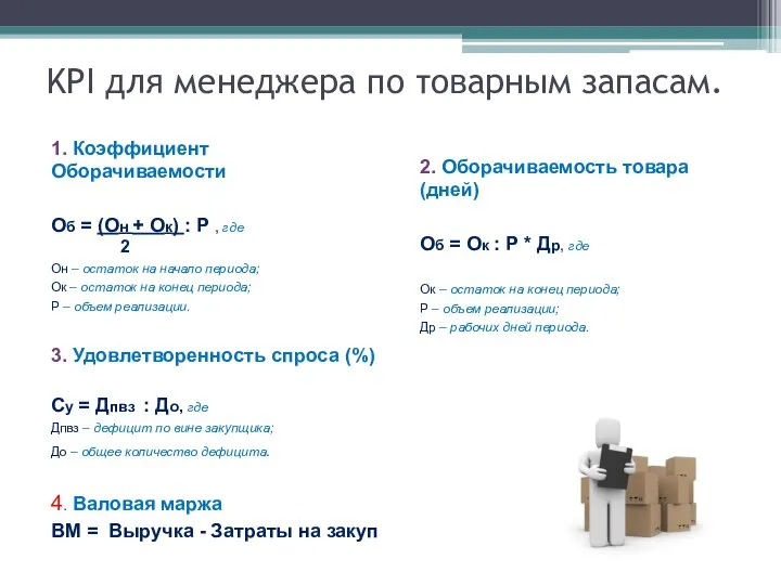 KPI для менеджера по товарным запасам. 1. Коэффициент Оборачиваемости Об =