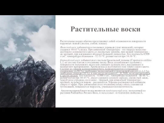 Растительные воски Растительные воски обычно представляют собой отложения на поверхности наружных