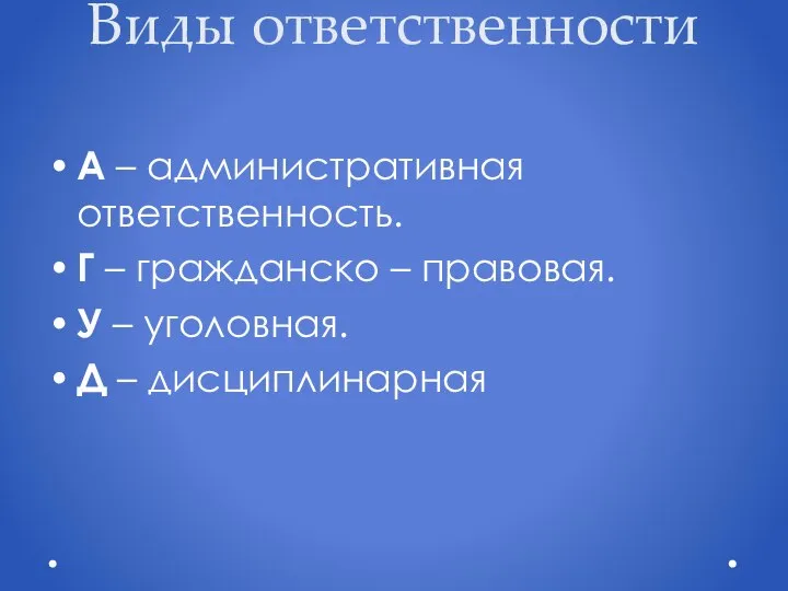 Виды ответственности А – административная ответственность. Г – гражданско – правовая.