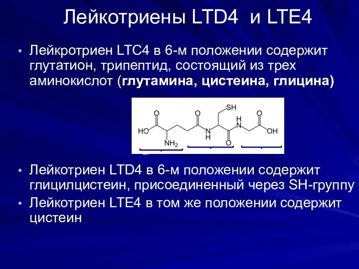 Лейкотриены LTD4 и LTE4 Лейкротриен LTС4 в 6-м положении содержит глутатион,